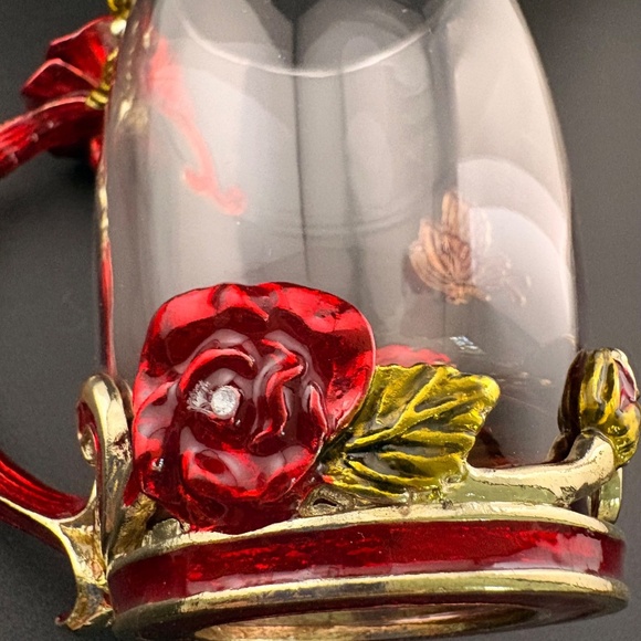 Glass Coffee Tea Cup 3D Jeweled Red & Gold Enamel Rose & Butterfly ARC Of France - Picture 8 of 11